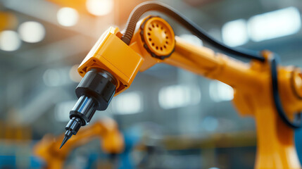 Fototapeta premium Robotic arm working on a mechanical component in a factory.