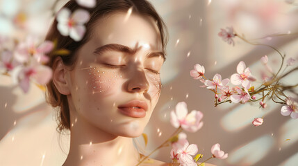 Radiant Model with Glowing Dewy Skin Against a Minimalist Background with Floating Ashwagandha Extracts