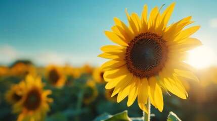 Obraz premium Sunflower field in full bloom under a clear summer sky.