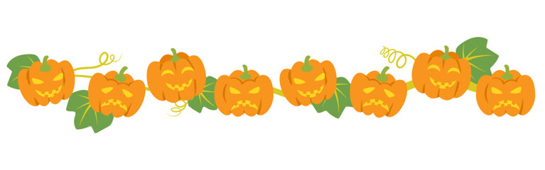 さまざまな表情のジャック・オ・ランタンをつなげたラインのハロウィン素材のベクターイラストレーション