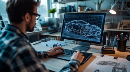 A man is working on a computer with a car design on the screen