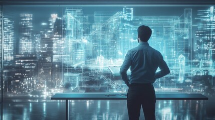 Fototapeta premium A man is standing in front of a computer monitor with a city view