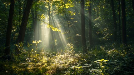 Fototapeta premium The sun is shining through the trees, casting a warm glow on the forest floor
