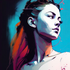 Glamorous woman with dramatic hairstyle and striking makeup in dark, artistic portrait