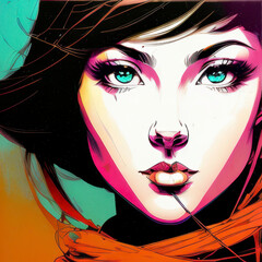 Glamorous woman with flowing hair, red lips, and fan, fashion illustration