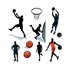 Naklejka premium A set of Basketball player silhouettes, Basketball elements Clip art isolated vector illustration