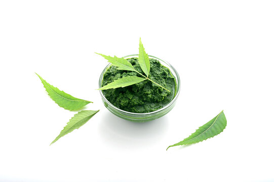 FRONT TOP VIEW OF NEEM PASTE WITH FRESH NEEM LEAF ISOLATED ON WHITE.