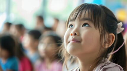 Fototapeta premium A young girl listens attentively with a smile during a classroom session