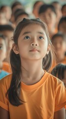 A young girl in an orange shirt listens intently during a group activity with classmates