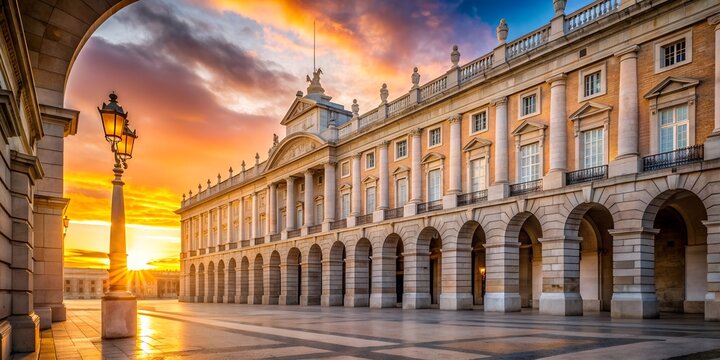 Wall with orange light of sunset shining through three arches at the Royal Palace in Madrid Spain or the Palacio Real de Madrid