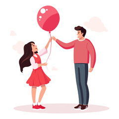 A happy girl and a man are holding balloons. Flat illustration