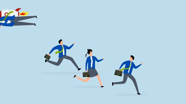 Game changer, 4k animation of businessman who flies in rocket backpack in different directions than other competitors.