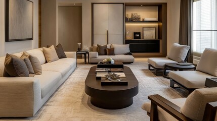 A living room with a large coffee table and a few couches