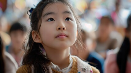 A young girl gazes up with curiosity during a school performance filled with excitement