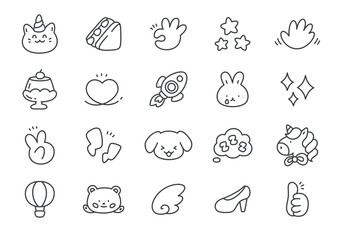Kawaii icon set. Collection of cute hand drawn monochrome illustrations (sparkles, strawberry sandwich, space ship, little lightnings, puppy etc.) isolated on a white background. Vector 10 EPS.