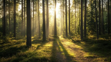Fototapeta premium A forest with a path in the middle and trees on both sides