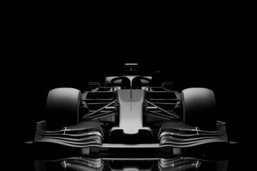 Front view of F1 3d race car in black studio lighting
