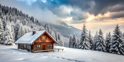 Naklejka premium Winter landscape with wooden house in a mountain forest Cloudy day and fresh snow Generative By AI
