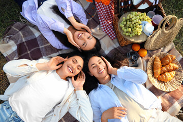 Female friends lying on picnic in park, top view