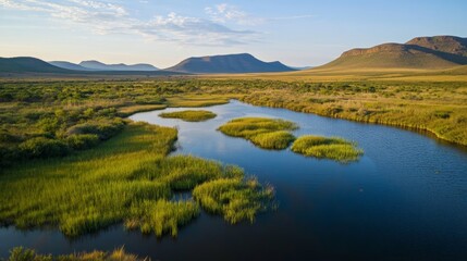 Fototapeta premium A large body of water with a green grassy area surrounding it