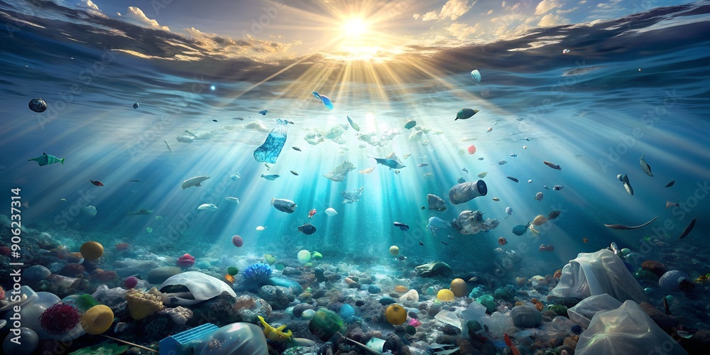 Wall mural an animated scene of plastic waste floating in the ocean with rays of sunlight shining through them 