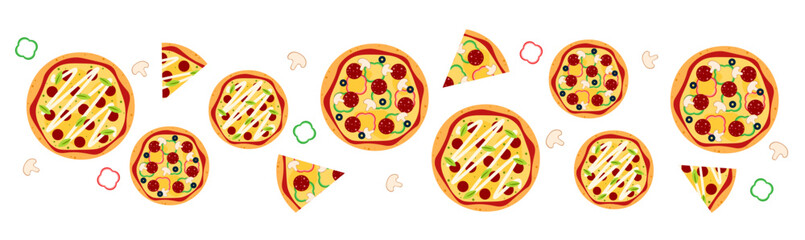 Cute border pizza decoration card or menu layout banner flat illustration 