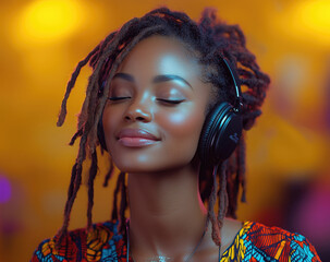 Naklejka premium Beautiful African Woman with Dreadlocks Listening to Music on Headphones