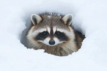 Curious raccoon peeks out from its snowy burrow