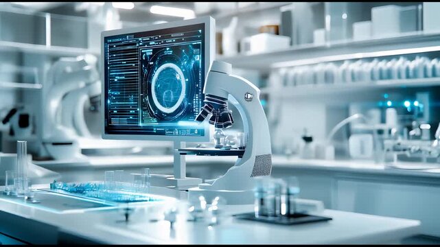  Modern laboratory with high-tech microscope and monitor displaying complex data and holographic imagery