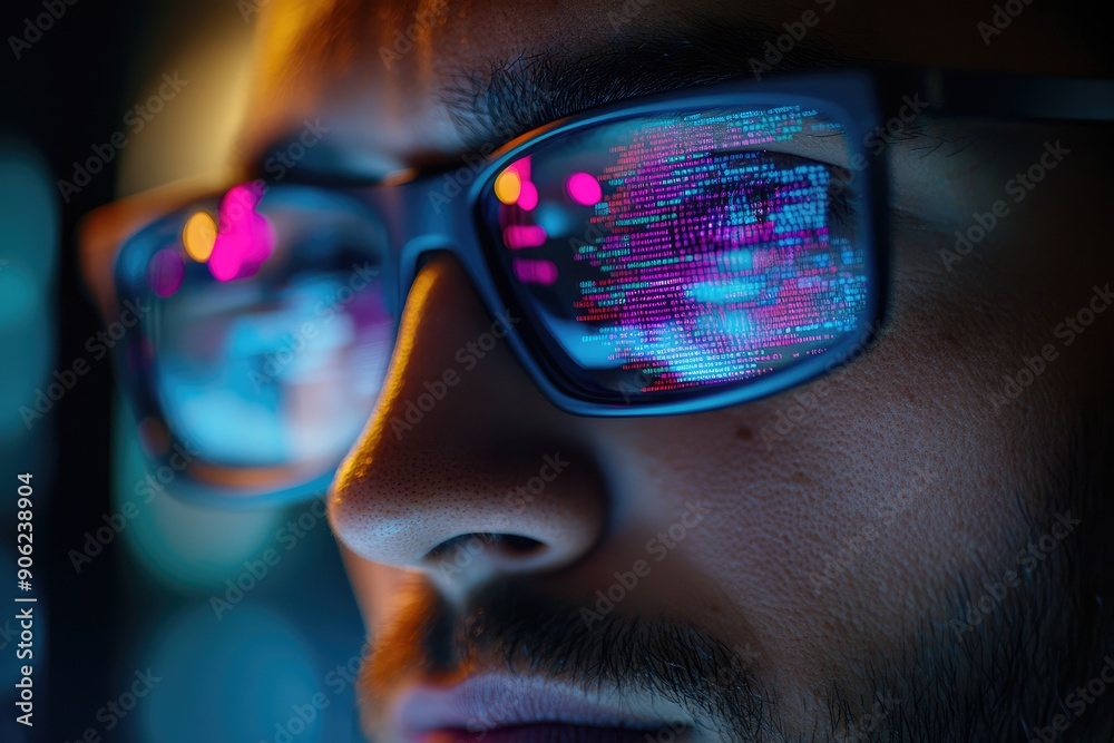 Leinwandbilder software developer working at night with code reflecting in his glasses