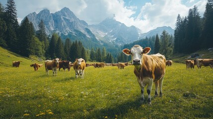 Herd of cows grazing in green pasture with mountains in background