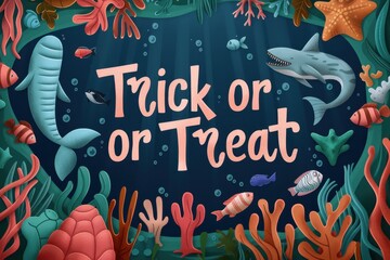 Fototapeta premium Underwater Halloween Collage: Images of underwater creatures celebrating Halloween with sea monsters, mermaids, and ocean-themed decorations. The text 