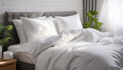 Obraz premium White cotton sheets quilt doona cover and linen light white bright scopy space bedroom sleep