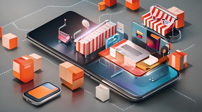 Online shopping on application and website concept, digital marketing online, shopping cart with new items on smartphone screen. 3D Web Vector Illustrations