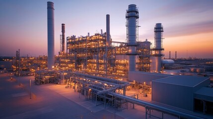 A large industrial plant with many tall smokestacks