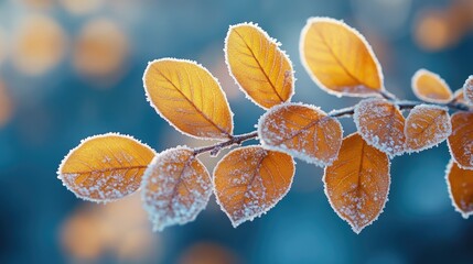 Frozen red leaves glowing in morning winter sunlight
