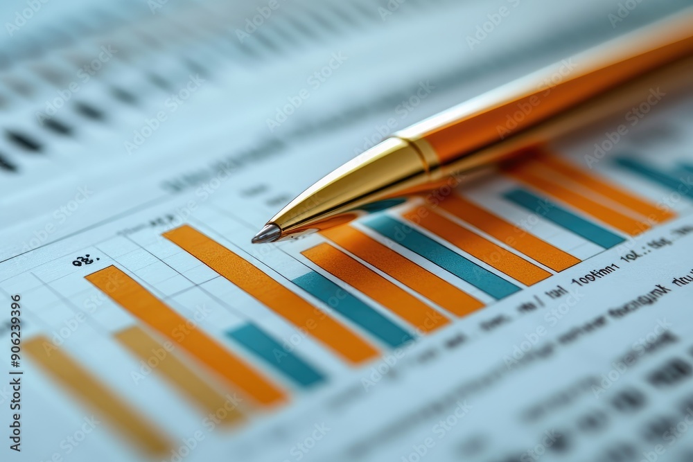 Poster golden pen pointing at growing bars on paper chart report, analyzing financial data