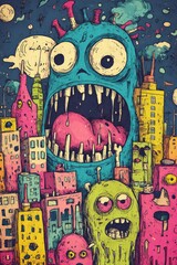 Funny monsters posing in a colorful city