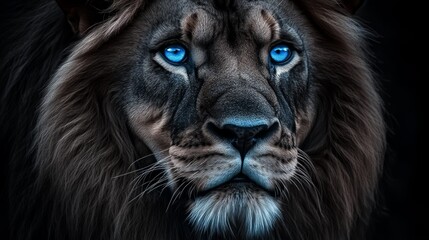 A lion with a blue eye staring at the camera