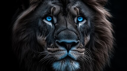 Fototapeta premium A lion with a blue eye staring at the camera