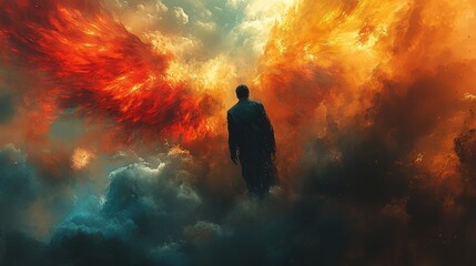 Obraz premium A lone figure walks towards fiery wings in a celestial sky