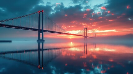 Fototapeta premium Suspension Bridge Silhouette Against a Dramatic Sunset Sky