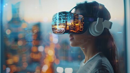 A young woman immersed in a virtual reality experience, wearing a VR headset that displays a vibrant, futuristic cityscape.	