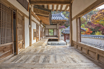 Andong-si, Gyeongsangbuk-do, South Korea - November 3, 2022: Autumnal view of wood floor and window...