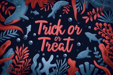 Underwater Halloween Collage: Images of underwater creatures celebrating Halloween with sea monsters, mermaids, and ocean-themed decorations. The text "Trick or Treat" in a wavy, ocean-themed font.