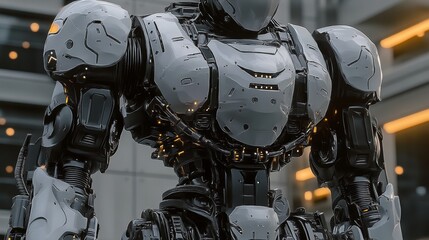 A robot with a chain around its neck stands in front of a building