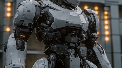 Fototapeta premium A robot is sitting in front of a building with lights