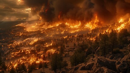 Fototapeta premium A dramatic scene of a massive forest fire consuming a mountainous landscape. The flames, fueled by dry vegetation, illuminate the dark sky with an intense orange glow.