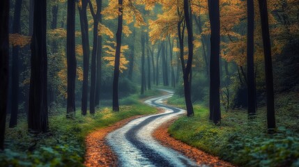 Obraz premium A winding road in a forest with trees on both sides