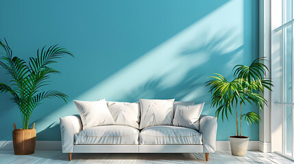 A white sofa sits in front of a turquoise wall with two potted palm trees adding a touch of tropical flair to the room. Sunlight streams in through the window, casting long shadows on the wall, creati